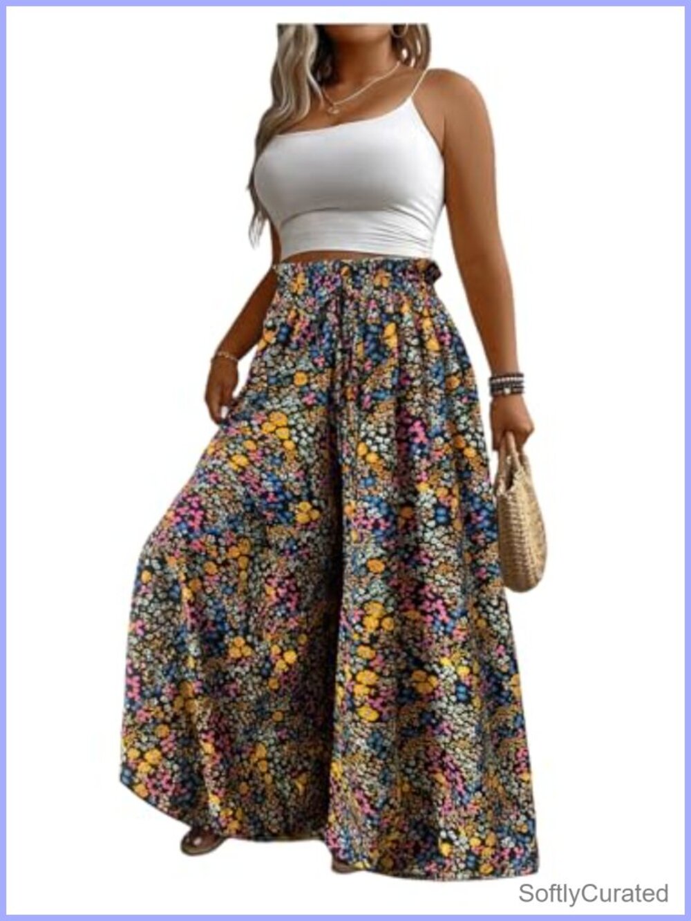 Women's Palazzo Pants Floral Boho Wide Leg Drawstring High Waist